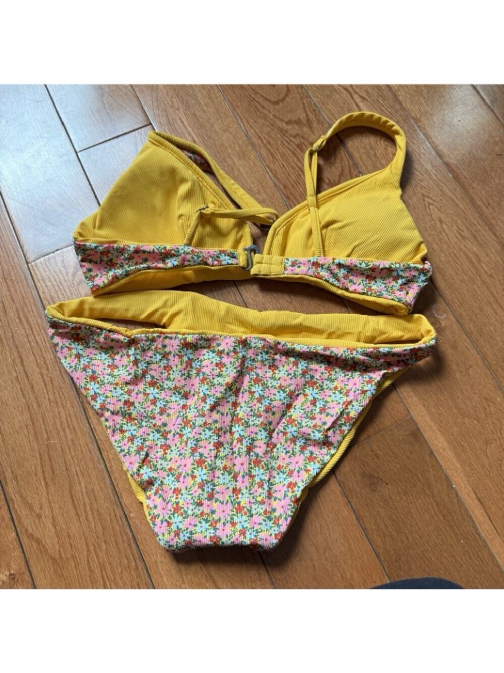 Maaji Sunflower Flirt Floral Yellow Ribbed Bikini Set Triangle Top S/M - Picture 6 of 8